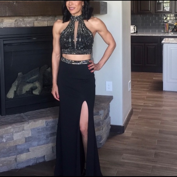 Black Halter 2 Piece La Femme Dress 23700 - Picture 3 of 5